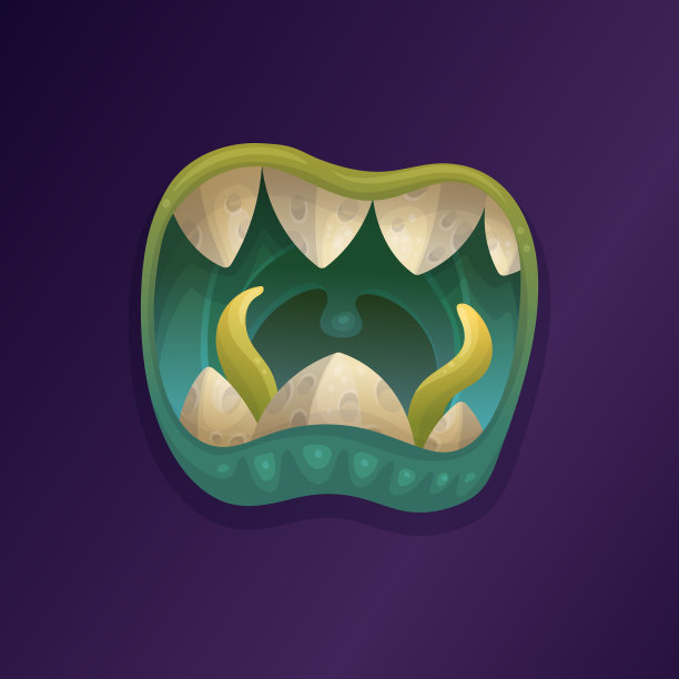 邪恶怪兽的嘴带有牙齿和绿色蛇舌，平面矢量插图。图片下载