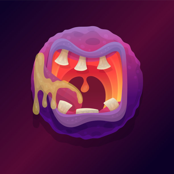 漫画怪物嘴与牙齿和流动的唾液，平面矢量插图。图片下载