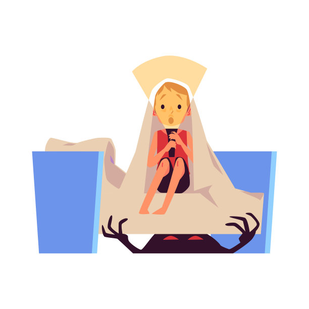 害怕孩子害怕想象中的怪物，平面矢量插图孤立。图片下载