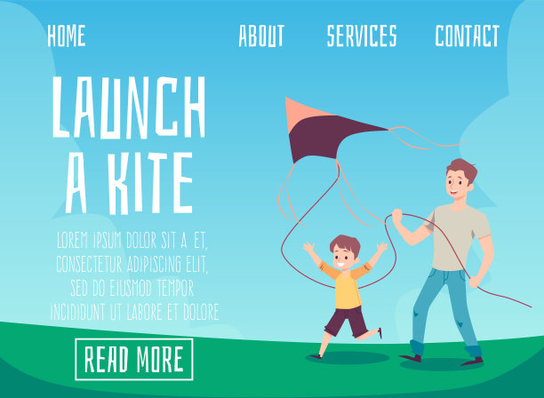 网站横幅上有父子放风筝，平面矢量插图。图片下载