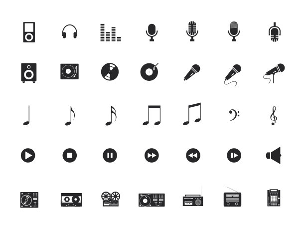 音乐设备矢量图标设置在透明背景上隔离。图片下载