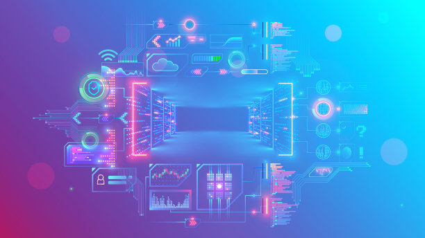 数字数据中心的服务器在服务器机架室进行云计算。Web在线服务远程互联网存储。计算机概念横幅或背景，中间有文字。图片下载