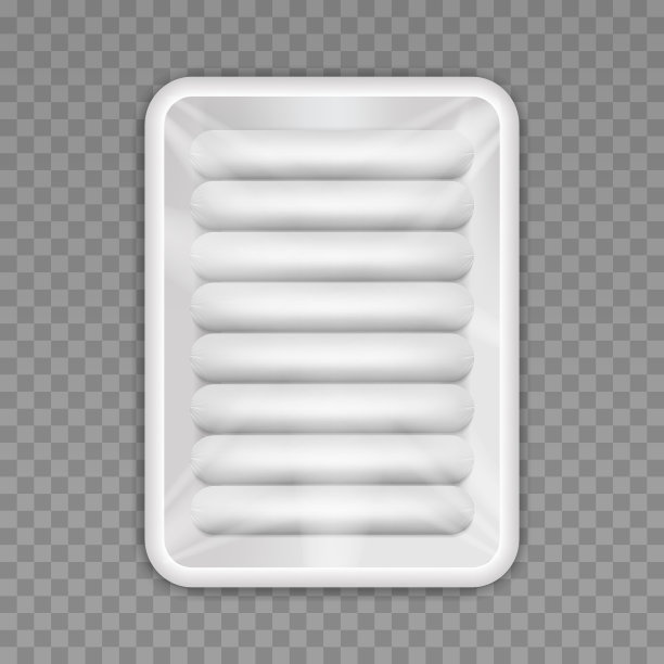 香肠在白色塑料托盘包装隔离在透明的背景。矢量3d现实模型。包装食品模板。准备好设计。前视图。EPS10。图片下载