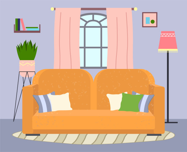 客厅家具设计，现代家居内饰。沙发有枕头，灯和盆栽图片下载