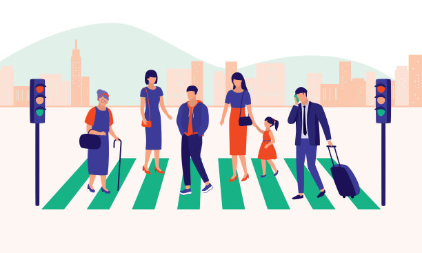 过马路的多元化人群。行人的概念。矢量平面卡通插图。图片下载