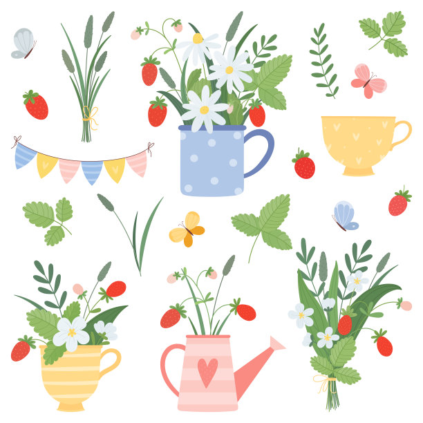 夏季集杯，喷壶花束，洋甘菊，草莓，蝴蝶在平面卡通风格。图片下载