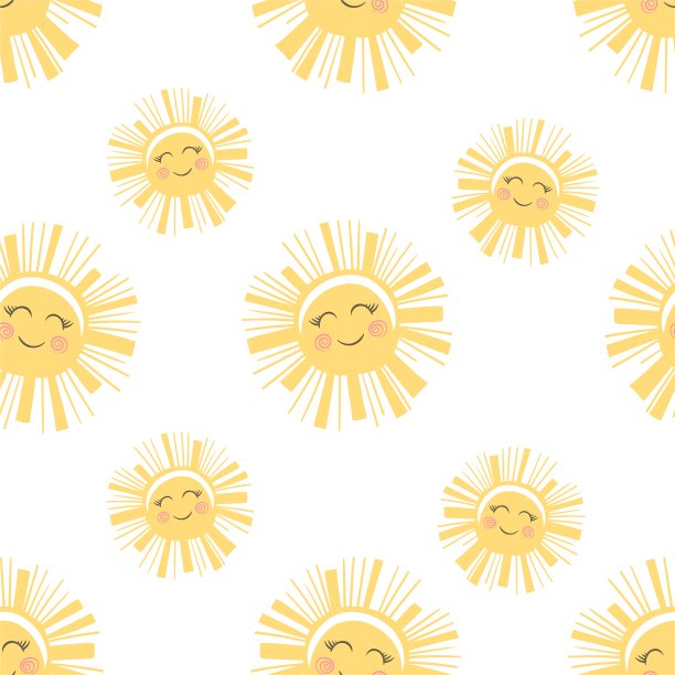 孩子们的太阳带着微笑。柔和柔和的颜色。用于布料、儿童房、玩具、印花等。孤立在白色背景上。无缝的背景。无缝的背景。图片下载