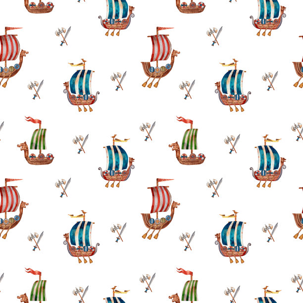 可爱的海盗模式。无缝纹理。德拉卡尔和维京帆船。童话卡通风格。有趣的纺织印花男孩。儿童插图。包装纸印刷。图片下载