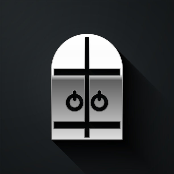 银色中世纪城堡大门图标孤立在黑色图片下载