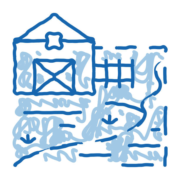 河流景观在阳光明媚的天气涂鸦图标手绘插图图片下载