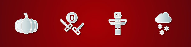 设置南瓜，冰壶运动游戏，加拿大图腾柱和云与雪图标。向量图片下载