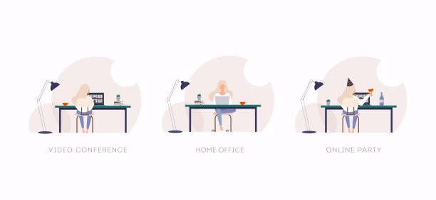 年轻女子在电脑上工作，与她的同事在电话会议和有在线派对。自由职业者或学习概念。图片下载