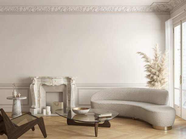 米色白色的古典室内配有壁炉、沙发、咖啡桌和装饰。3d渲染插图模拟。图片下载
