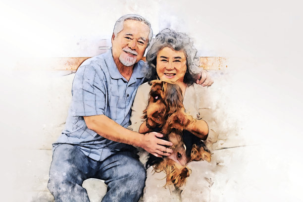 抽象幸福亚洲老人夫妇微笑和放松在家里的水彩插画画背景。图片下载