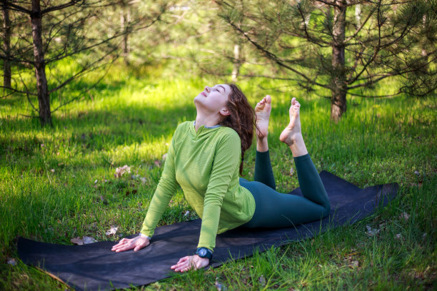 女孩在杉木公园做瑜伽，在户外健身，健康的生活方式，清新的自然图片下载