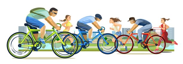 女孩们在跑步。人骑自行车。城市体育。健康的生活方式。平的卡通风格。女运动员和男自行车手。在城市公园里。分离向量插图图片下载