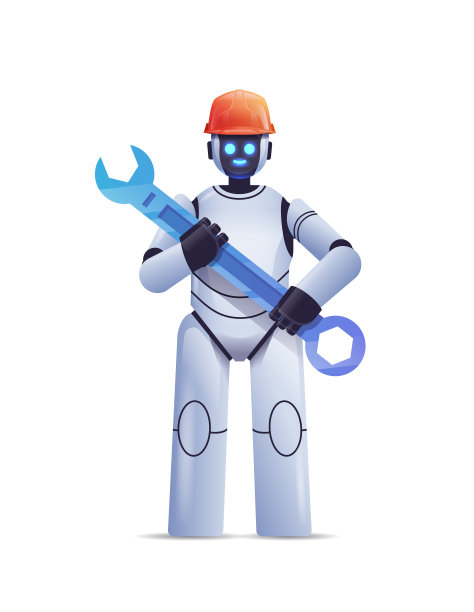 现代机器人在头盔握扳手维修服务的人工智能概念图片下载