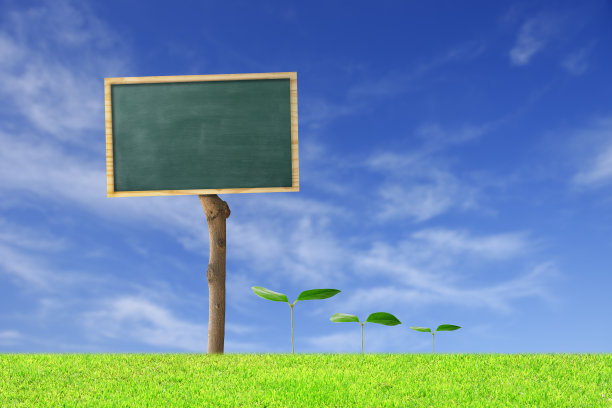 空白的黑板站在小山上，春天的第一次发芽。图片下载