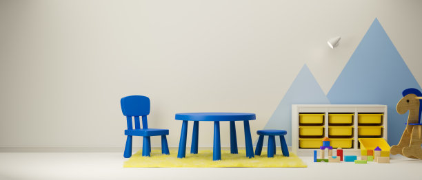 3D效果图，儿童游戏室室内设计有桌子，椅子，架子，玩具和玩具图片下载