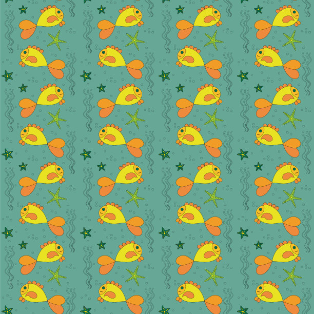 无缝图案金鱼和海星绿色图片下载