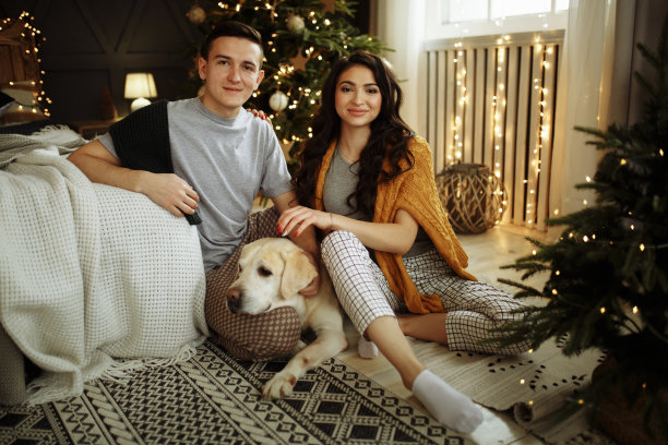 幸福的夫妇正抱着一只狗坐在床边，过圣诞节。在家过年。家庭和日期图片下载