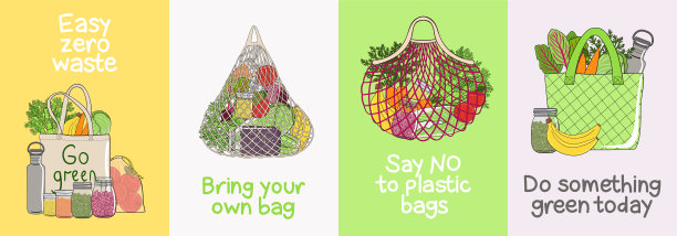 一套零废物卡与袋，网，蔬菜和水果。零浪费购物理念。环保可持续的生活方式。没有塑料。手绘矢量插图。图片下载