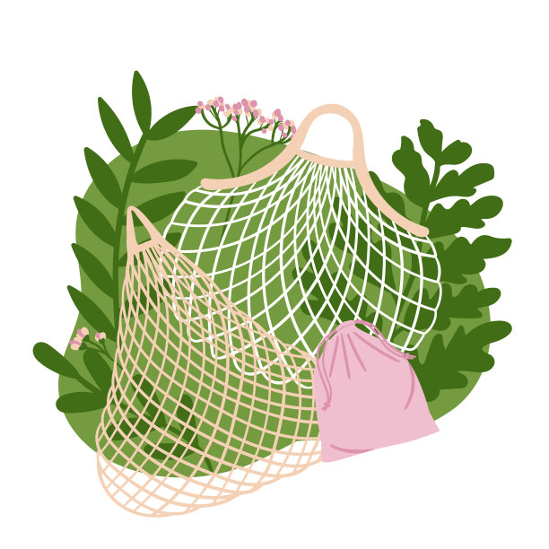 收集袋和网格与绿叶。零废物存储的概念。环保可持续的生活方式。没有塑料。手绘矢量插图。图片下载
