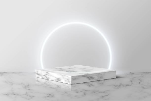 灰色大理石广场上的白色氖气环。3d基座在石头模式矢量插图。房间地板上的几何舞台。颁奖典礼的抽象场地。图片下载