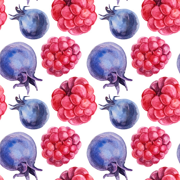 无缝模式水彩蓝莓和覆盆子夏季甜食物在白色的背景。水彩画手绘创意新鲜浆果菜单，卡片，纺织品，贴纸，墙纸，包装图片下载