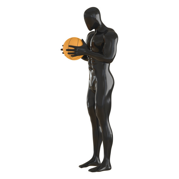 黑人男性无脸人体模型抱着橙色篮球靠近胸部在孤立的背景。三维渲染图片下载