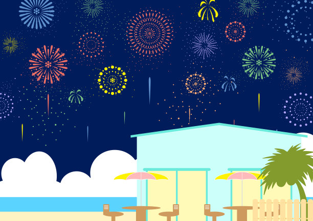 海滩边的咖啡馆和空中的烟火图片下载