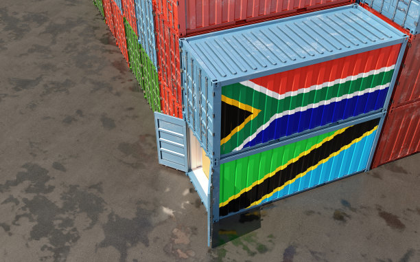 挂着南非和坦桑尼亚国旗的货运集装箱。图片下载