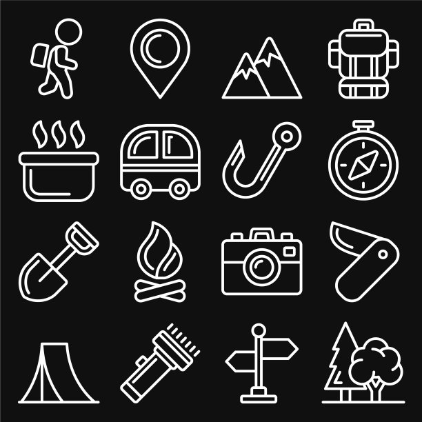 露营图标设置在黑色的背景线风格图片下载