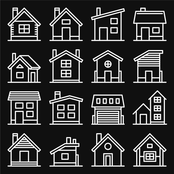 房子图标设置在黑色背景线风格图片下载