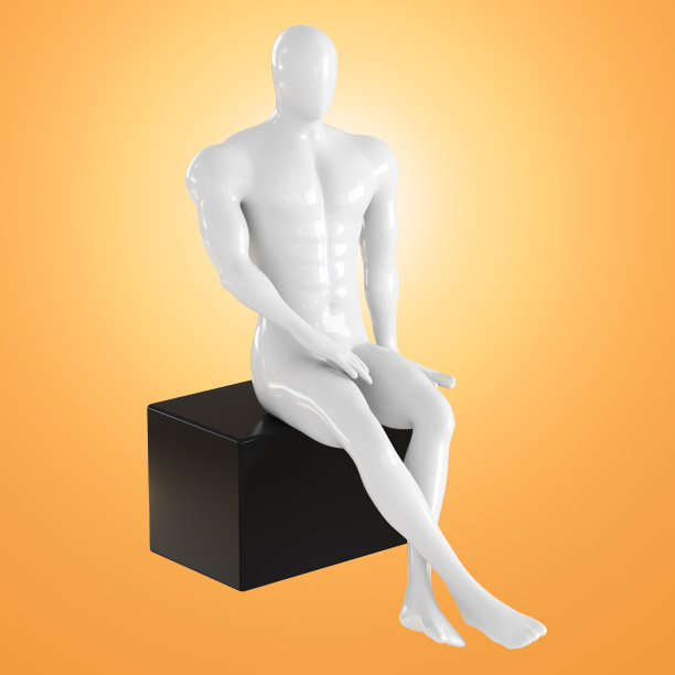 一个没有脸的白人男性人体模型坐在一个橙色背景的黑色矩形座位上。三维渲染图片下载