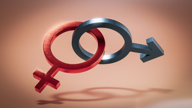 抽象视图连接蓝色男性和红色女性的性别象征。图片下载