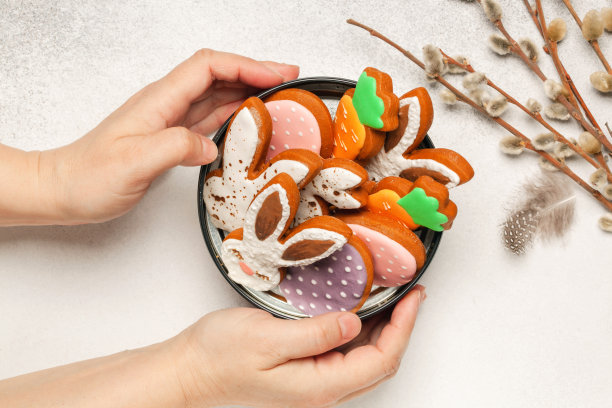 釉色姜饼复活节人物-兔子，鸡，鸡蛋，胡萝卜在明亮的背景。复活节快乐。俯视图图片下载