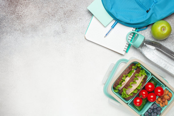 学校午餐盒。火腿和奶酪三明治，蔬菜，坚果和浆果在一个塑料容器。前视图。回到学校的概念。本空间图片下载