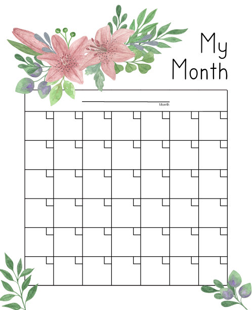 日历网格花卉装饰水彩插图，空白打印模板，日期每月计划页图片下载