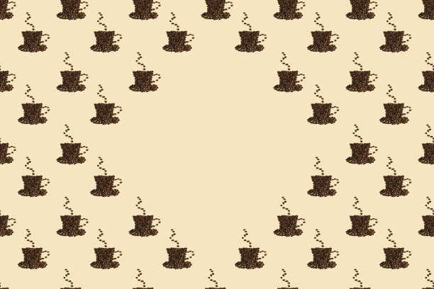 创意花样一饮，平躺。一杯热咖啡，卡布奇诺，拿铁或美式咖啡顶部蒸汽，内衬咖啡豆在浅米色的背景。空间的文本图片下载