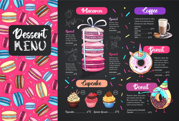 甜点菜单设计与甜的法国马卡龙图片下载