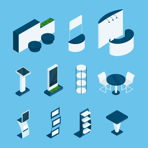 等距展览。空的展览摊位，展示亭和桌子，摊位为演示产品展示厅三维矢量室内元素图片下载