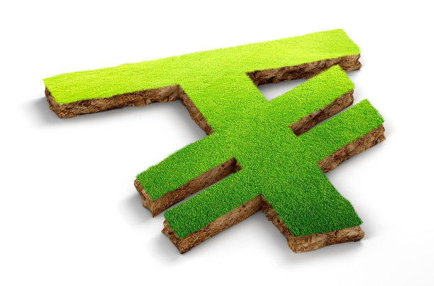 图格里克蒙古货币是用绿草和一块块土块做成的土地。3 d演示。图片下载