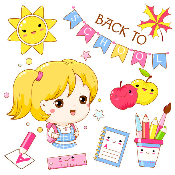回到学校。一个背着背包的小女孩。收藏在卡哇伊风格图片下载