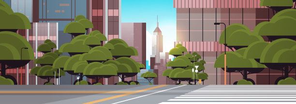 道路空街与人行横道城市建筑天际线现代建筑城市景观背景水平图片下载