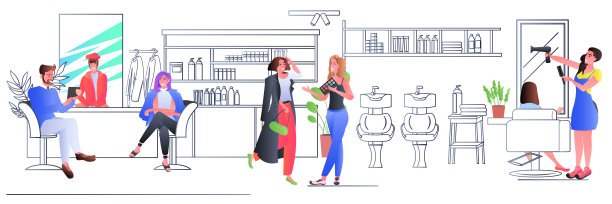 人们在美容院开会时讨论美发师给客户做发型图片下载