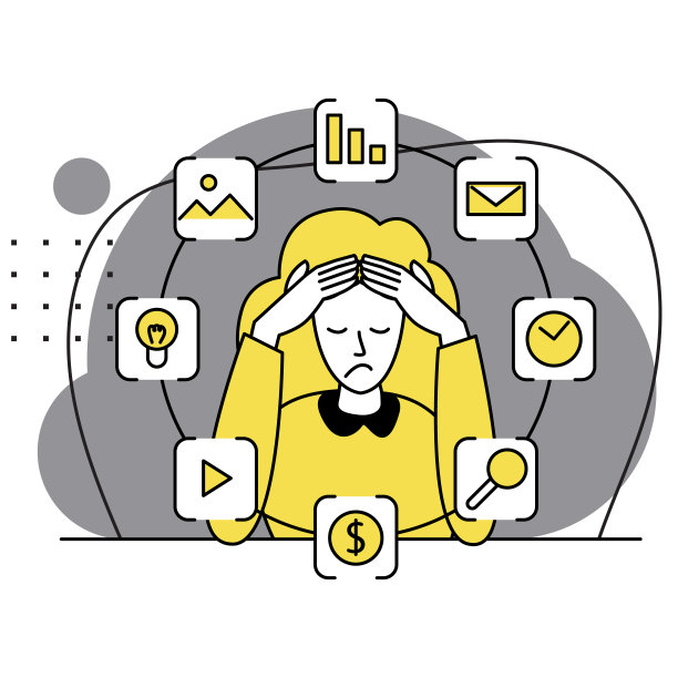 女商人因疲劳、社会压力、工作任务多而感到焦虑和困惑。在工作倦怠。精神错乱，思想混乱。失望，被思考包围。平的风格图片下载