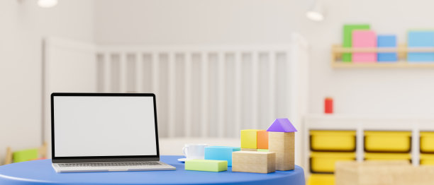 3D渲染，笔记本电脑模型屏幕在圆桌上，玩具在孩子的卧室，床和架子图片下载