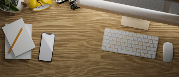 3D渲染，智能手机与实体屏幕木桌，电脑设备和文具，俯视图图片下载