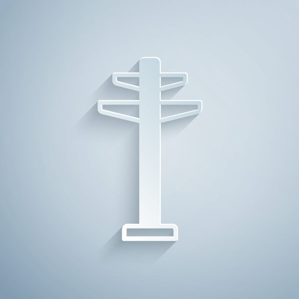 用于支持灰色背景上孤立的架空电力线图标的电力塔。高压电线杆线路。纸艺术风格。向量图片下载